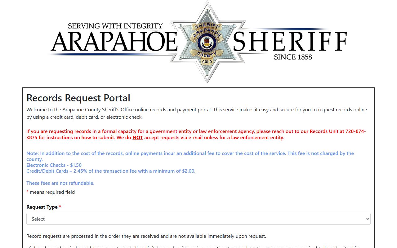 Arapahoe County records request portal for arrest records
