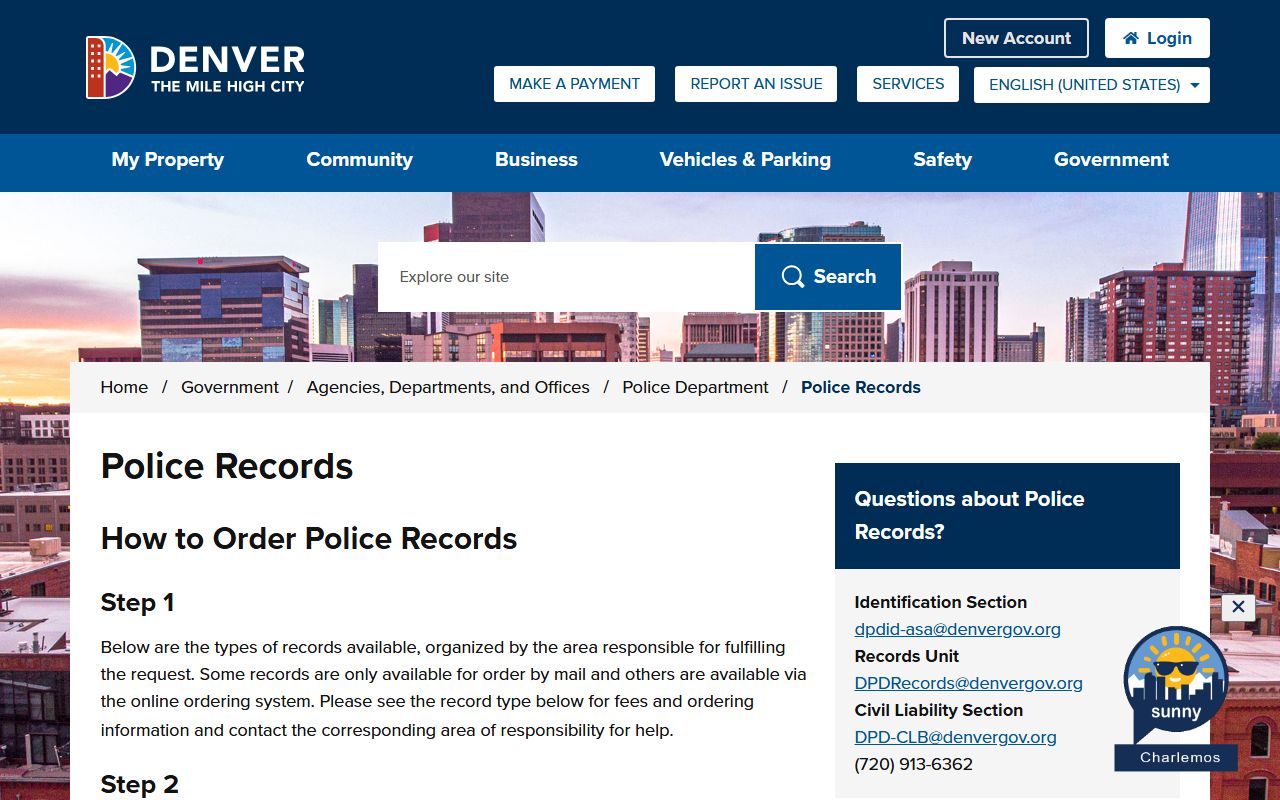 Denver Police Records page for Denver County arrest records