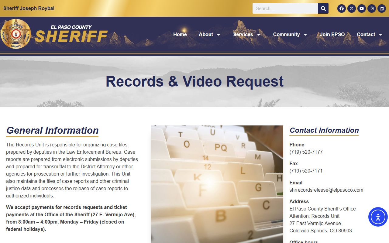 El Paso County records request page for arrest records