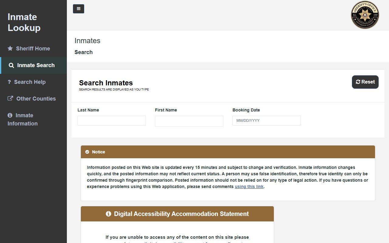 Jefferson County inmate lookup search tool for arrest records