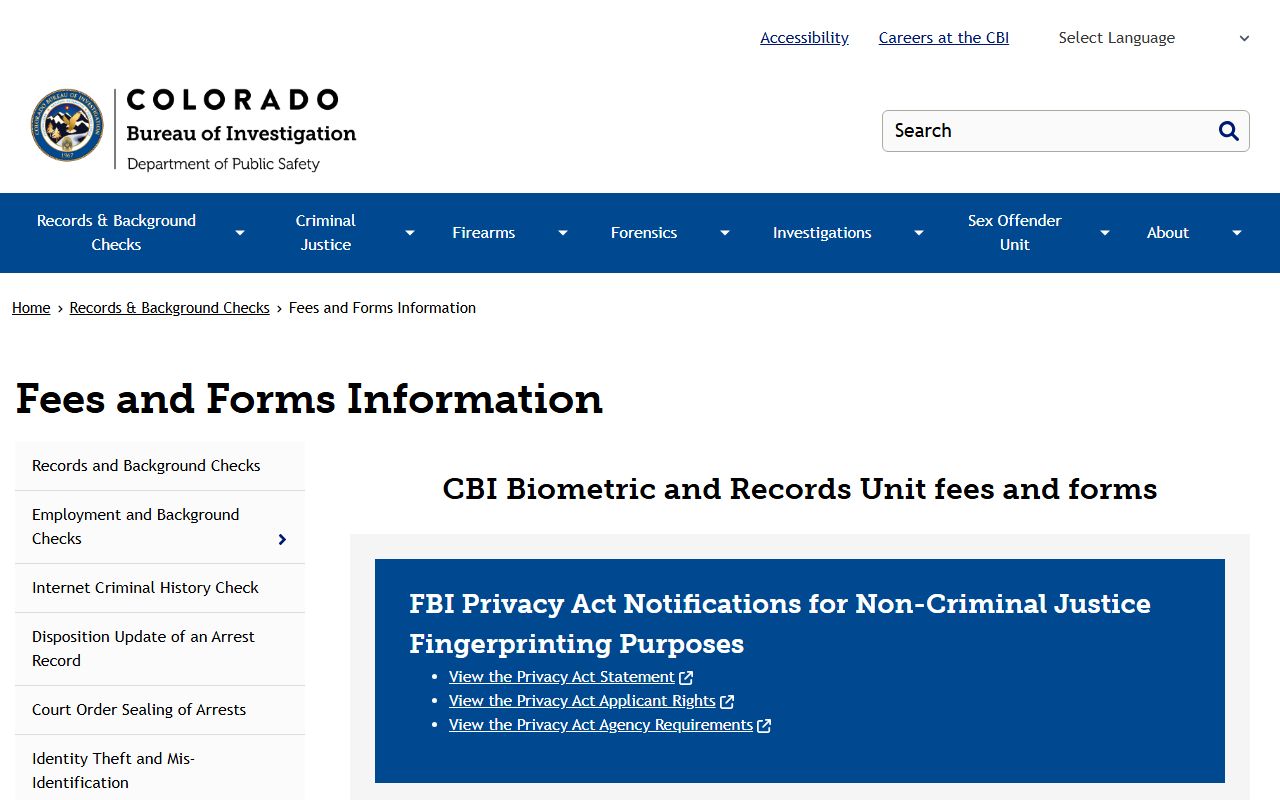 Colorado CBI fees and forms page for arrest records requests