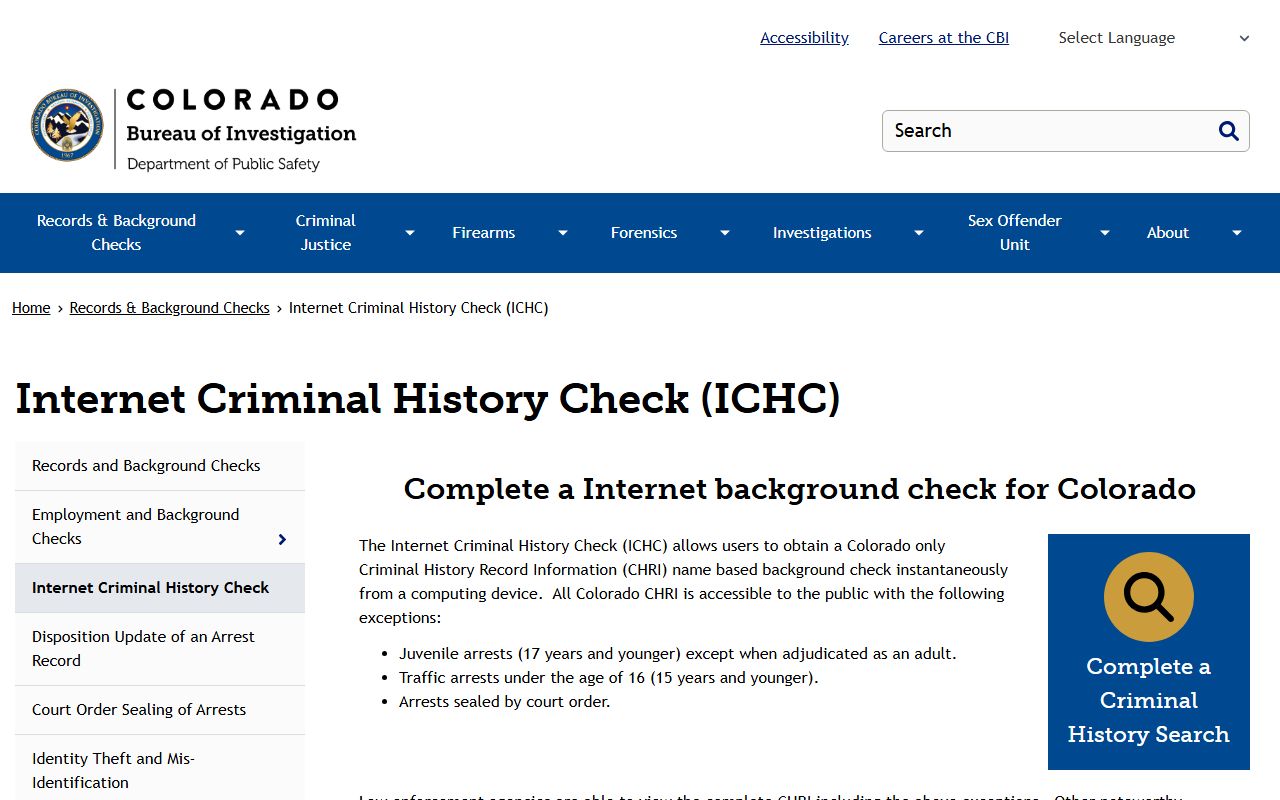 Colorado CBI Internet Criminal History Check page for arrest records search