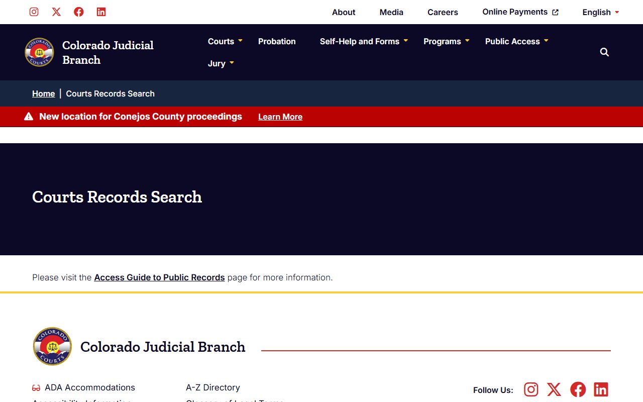Colorado Judicial Branch court records search page