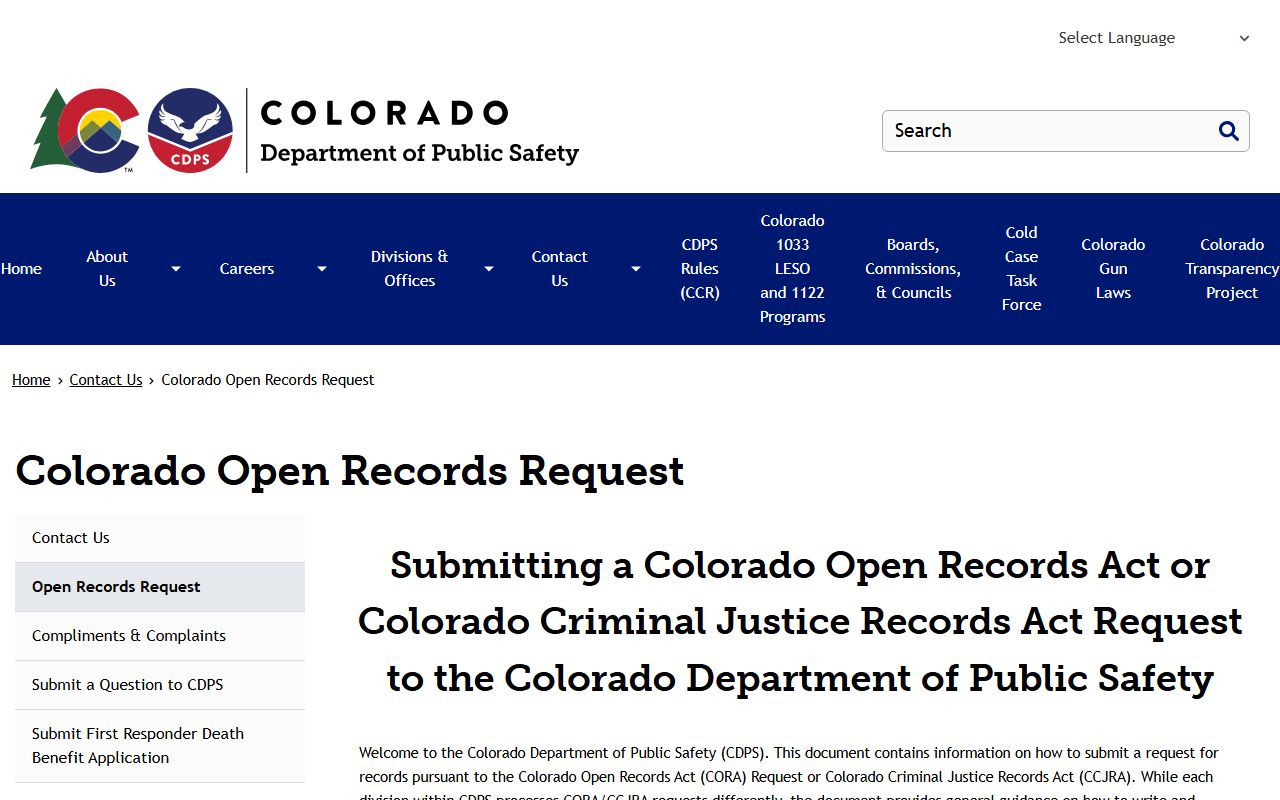 Colorado DPS CORA and CCJRA information page for records requests